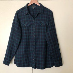 EDDIE BAUER Dark Teal/Navy Plaid Flannel - Large